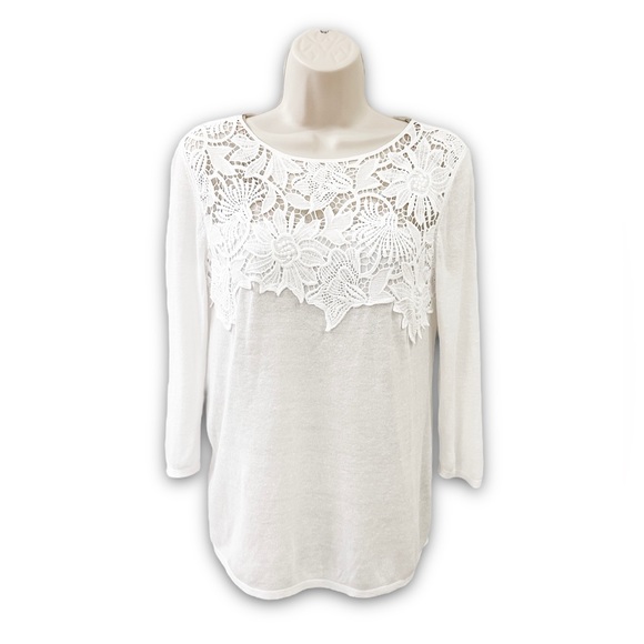 J. Jill XS White Linen Blend Embroidered Collar Chest Lightweight Sweater - Picture 1 of 13